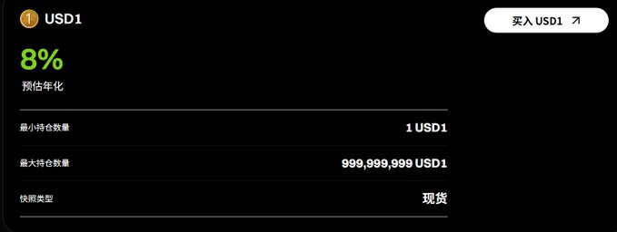 A dark-themed financial app interface shows USD1 with an 8% 預存年化 (annualized deposit rate), minimum holding of 1 USD1, maximum holding of 999,999,999 USD1, and a 現貨 (spot) subscription type.