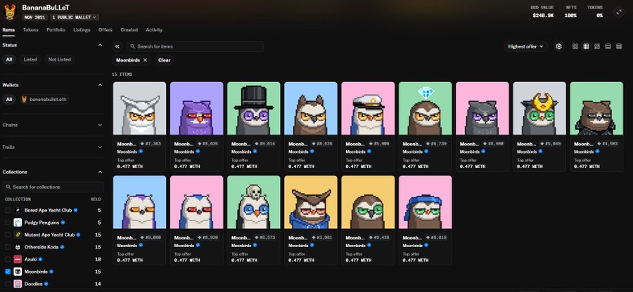 A screenshot of a blockchain marketplace called 'BananaBuLL' showing a wallet's Moonbird NFT collection, including items from 'Bored Ape Yacht Club', 'Pudgy Penguins', 'Mutant Ape Yacht Club', 'Otherdeed Koda', 'Azuki', and 'Doodles' collections.