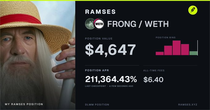 Ramses DEX dashboard showing an FRONG/WETH position value of $4,647 with an APR of 211,364.43% and all-time fees of $6.40, featuring an image of an elderly man with a straw hat.