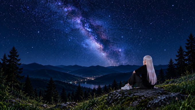 A person with long white hair sits on a grassy hillside looking out at a starlit night sky featuring the Milky Way, with mountains and a distant lake town below.