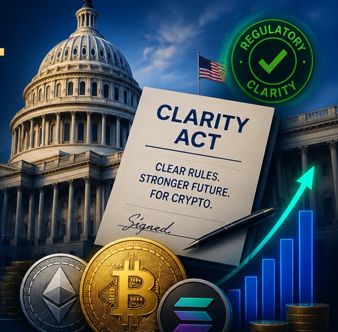 A promotional graphic for the 'CLARITY ACT' stating 'CLEAR RULES. STRONGER FUTURE. FOR CRYPTO.', displayed in front of the US Capitol building alongside physical representations of Bitcoin, Ethereum, and Solana coins, with a green 'REGULATORY CLARITY' badge.