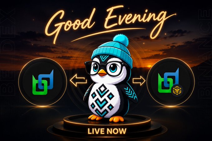 A cartoon penguin wearing a blue beanie and glasses stands on a "LIVE NOW" podium at sunset, with "Good Evening" written above in glowing yellow script. To its sides are two circular icons labeled "BDX DEX" and "BDX BINANCE" connected by arrows, illustrating the Beldex Bridge's role in connecting the Beldex ecosystem to the Binance DEX.