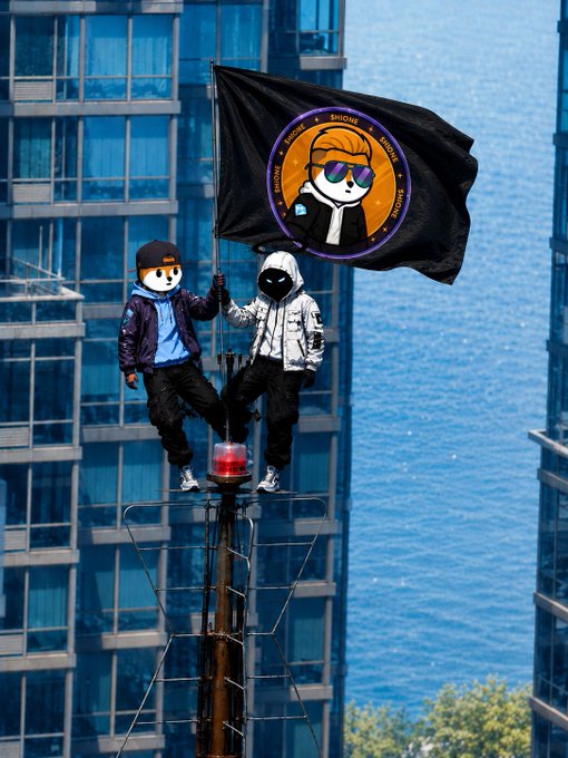 Two figures in hooded jackets and mask stand atop a small tower holding a black flag with an orange character logo and the text 'SHIDO', set against a blue glass high-rise building.