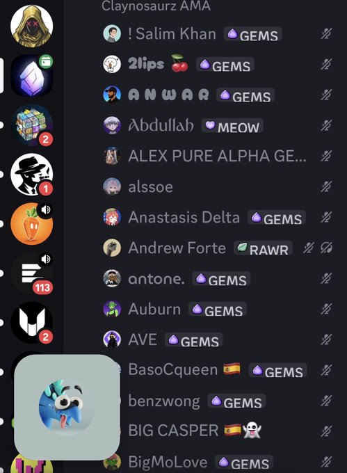 Discord user list showing members like Salim Khan, 2lips, ANWAR, Abdullah, and others with various emojis and tags in a channel called "Claynosaurz AMA".