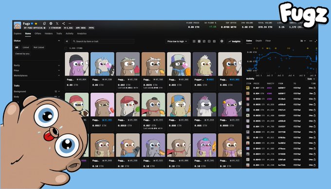 A promotional graphic for 'Fugz' showing a screenshot of an NFT marketplace interface displaying various cartoon character avatars, with the Fugz logo in the top right and a crying cartoon bear in the bottom left.