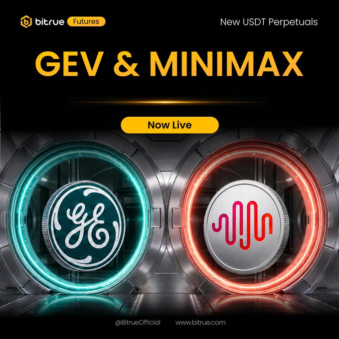The image is a promotional graphic from Bitrue Futures announcing the launch of new USDT perpetual trading pairs, featuring two glowing coin icons—one bearing the GE monogram (cyan) and the other a stylized "M" wave logo (orange/red)—under the bold heading "GEV & MINIMAX" with a "Now Live" button, visually reinforcing the post's announcement that $GEVUSDT and $MINIMAXUSDT perpetual futures are now available for trading.