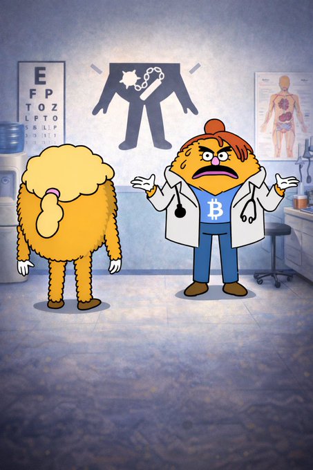 A cartoon illustration showing two fuzzy orange characters in a doctor's office with an eye chart and anatomy poster, where one wears a Bitcoin 'B' shirt and lab coat gesturing with concern.