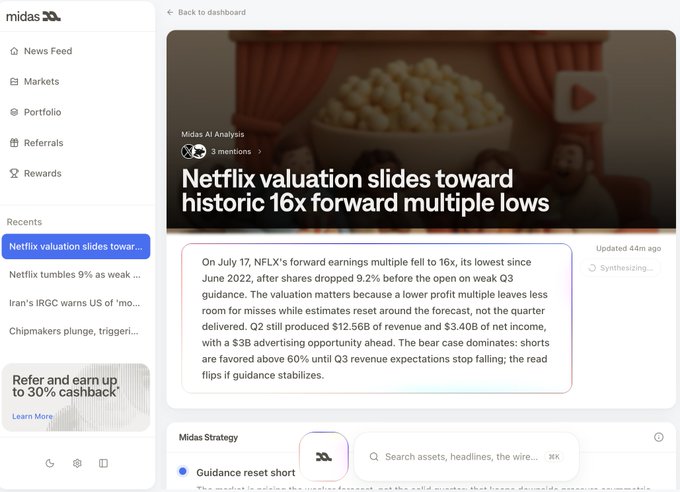 The image shows the Midas dashboard featuring an AI analysis titled "Netflix valuation slides toward historic 16x forward multiple lows," reporting that NFLX's forward earnings multiple fell to 16x on July 17 after shares dropped 9.2%, with Q2 revenue of $12.56B, net income of $3.40B, and short interest above 60%. The post relates to the image by referencing Netflix's Q2 revenue miss and weak Q3 guidance that drove the after-hours selloff shown in the Midas analysis.