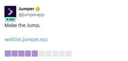 A screenshot of a social media post from the verified account 'Jumper' (@jumperapp) with the tagline 'Make the Jump.' and a link to waitlist.jumper.xyz, showing an 853 follower count.