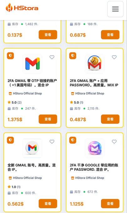 The image shows a webpage from "HStora Official Shop" displaying various Gmail and Google account listings for sale, with prices ranging from $0.137 to $1.375 and stock quantities between 188-2,115 units, all featuring 2FA (two-factor authentication). The post relates to this image as the user is humorously expressing gratitude for receiving Google email accounts, connecting to the email account listings shown on this marketplace site.