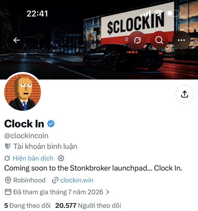 A Twitter/X profile screenshot for "Clock In @clockincoin," a verified meme account with 20,577 followers, featuring a pixelated avatar and a banner showing a sports car with "$CLOCKIN" text, teasing an upcoming launch on the "Stonkbroker launchpad."