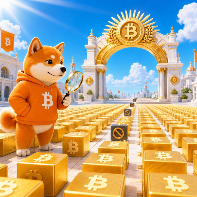 A digital illustration of a Shiba Inu dog wearing an orange Bitcoin hoodie and holding a magnifying glass, standing before a golden Bitcoin archway surrounded by gold Bitcoin bars and a flag.