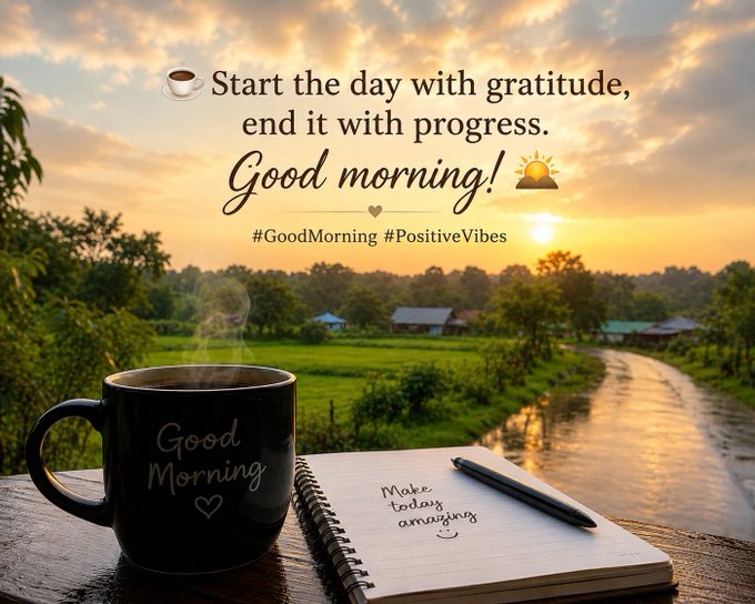 An inspirational morning image showing a coffee mug labeled 'Good Morning' next to a notebook reading 'Make today amazing', overlaid with the text 'Start the day with gratitude, end it with progress. Good morning!' and hashtags '#GoodMorning #PositiveVibes'.
