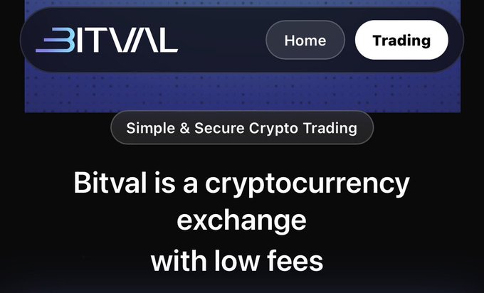 The image displays a screenshot of the Bitval cryptocurrency exchange website, featuring its logo, "Home" and "Trading" navigation buttons, and the tagline "Simple & Secure Crypto Trading," with the main heading "Bitval is a cryptocurrency exchange with low fees." This relates to the post by @BitvalExchange, which appears to be teasing a detailed breakdown of the platform's spot and futures trading fees rather than relying on the vague "low fees" claim shown in the image.