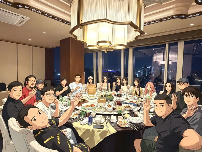 The image shows a group of people sitting around a large dining table, enjoying a meal together. The table is set with various dishes, including bowls, cups, forks, knives, and spoons. There are at least 12 people present, some of whom are waving or smiling as they engage in conversation. A chandelier hangs above the table, adding to the ambiance of the scene.

The post features a cartoonish illustration of the group gathered around the dinner table, with text that reads "感谢币安小伙伴们的安排 菜好吃，景好看，瓜包甜", which suggests a connection to the anime series "感谢币安小伙伴".