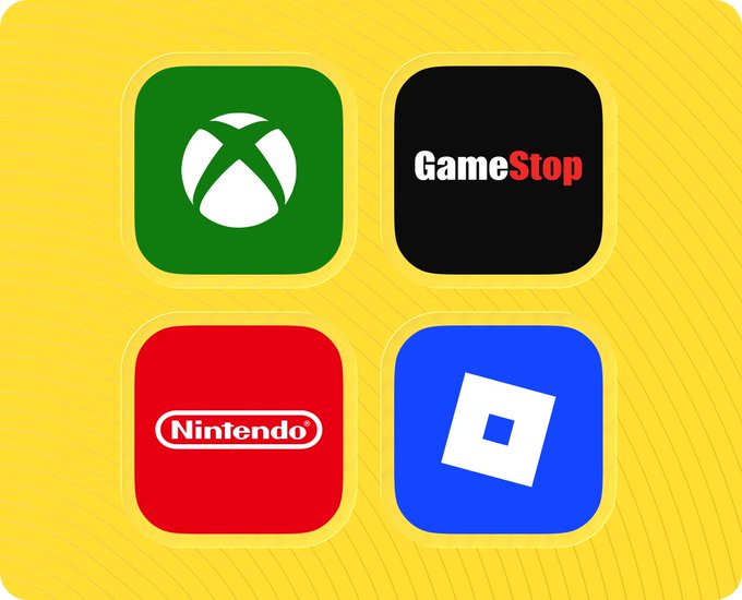 A yellow graphic displaying four gaming brand icons: Xbox (green), GameStop (black), Nintendo (red), and an unlabeled blue icon with a white square logo.
