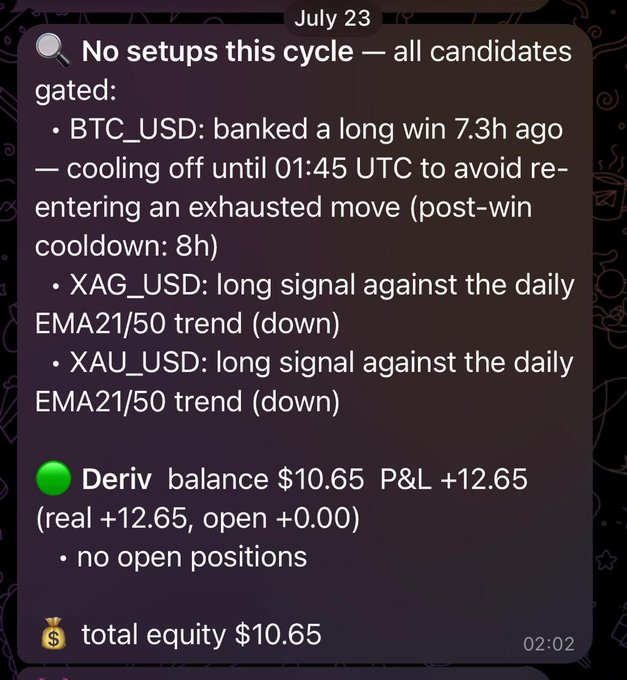 This image shows a trading update from July 23rd detailing that no setups are currently available for BTC_USD, XAG_USD, and XAU_USD with a Deriv balance of $10.65 and P&L of +$12.65, likely related to the $SHIB launch announcement.
