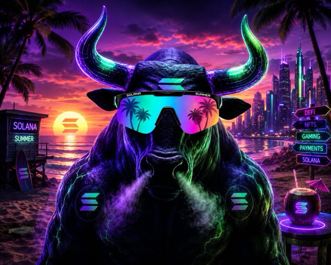A vibrant, neon-colored digital artwork of a bull wearing sunglasses reflecting palm trees, with text signs reading "SOLANA SUMMER", "DEFI", "NFTS", "GAMING", "PAYMENTS", and "SOLANA".