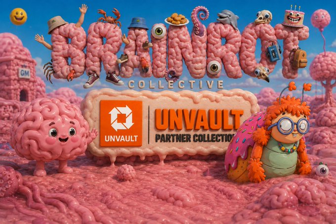 A vivid, surreal 3D-rendered promotional image featuring the text "Brain Rot Collective" in brain-shaped letters adorned with quirky accessories, alongside an "UNVAULT Partner Collection" badge, set in a fleshy pink landscape with a smiling brain character and a bug-like creature with glasses. The image visually represents the partnership announcement, tying the whimsical "Brain Rot" branding to UnVault's Genesis Bugz mint initiative.