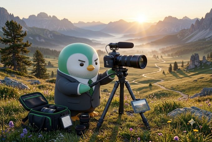 A cartoon penguin wearing a business suit operates a professional camera on a tripod in a scenic mountain meadow at sunrise, with photography equipment laid out on the grass.