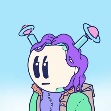A cartoon illustration of a character with purple hair wearing antenna-like accessories and a green jacket against a light blue background.