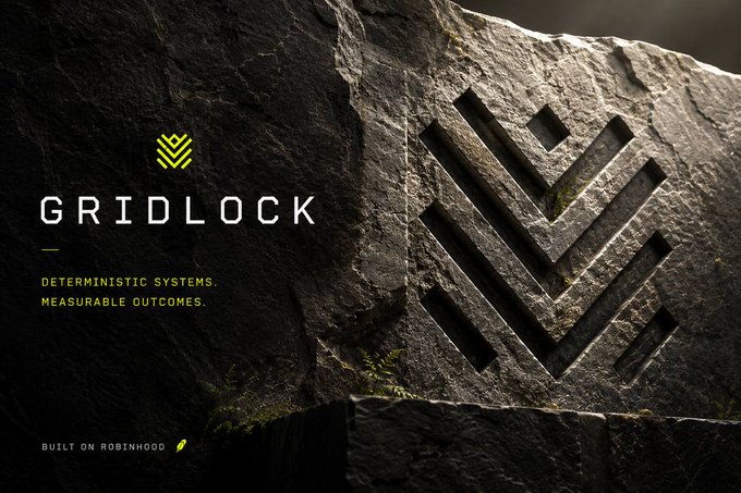 A rugged stone slab features the Gridlock logo—a yellow chevron emblem—alongside the text "DETERMINISTIC SYSTEMS. MEASURABLE OUTCOMES." and "BUILT ON ROBINHOOD," visually reinforcing the post's announcement of Gridlock's imminent launch as the first compute market on the Robinhood Chain.