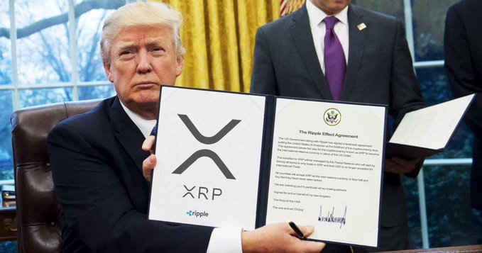 Donald Trump holds "The Ripple Effect Agreement" document featuring the XRP logo and the Ripple company name, which aligns with the post's mention of cryptocurrency holdings and ethical concerns. The text discusses the potential passage of the CLARITY Act and criticisms surrounding Trump's significant cryptocurrency holdings.