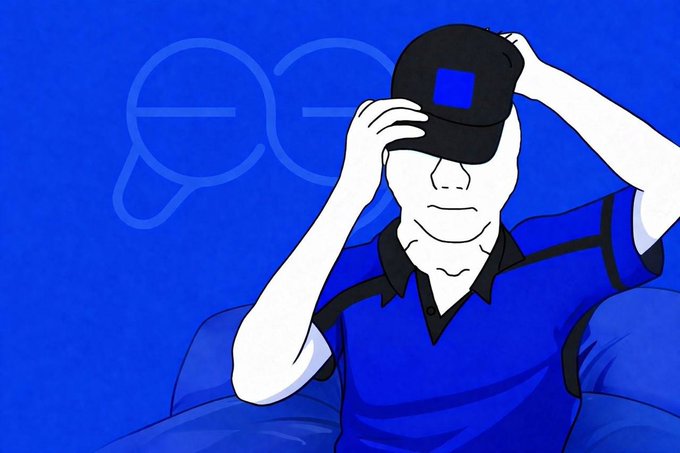 An illustration of a person wearing a blue polo shirt sitting on a couch and putting on a black VR-style headset, set against a blue background with a faint 'eo' logo.