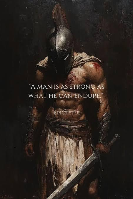 A muscular warrior in a helmet and tattered armor stands with a sword, illustrating the quote "A MAN IS AS STRONG AS WHAT HE CAN ENDURE." by Epictetus, which aligns with the post's message that "Endurance is the best ability."