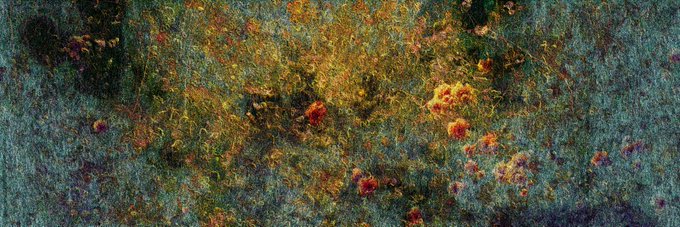 An abstract, textured image with a mix of blue, green, and orange colors, resembling a woven fabric or painted canvas with floral-like patterns.