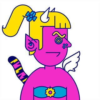 The image features a cartoon character with pink skin and white horns, wearing a blue dress and a flower in her hair. The character appears to be a girl or a woman, possibly a princess or a fairy. She has wings attached to her back, giving her an air of fantasy and whimsy. The character is depicted against a plain white background, which makes the pink color stand out even more.
