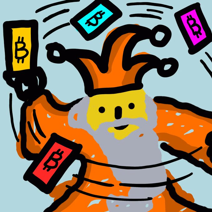 A cartoon jester character wearing an orange hat juggling four smartphones, each displaying a different cryptocurrency symbol including Bitcoin (₿) and others.