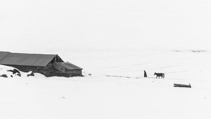 This stark, minimalist black and white image depicts a figure leading a horse across a snow-covered landscape towards a rustic building, mirroring the "cold" but potentially rewarding artistic journey mentioned in the accompanying post.
