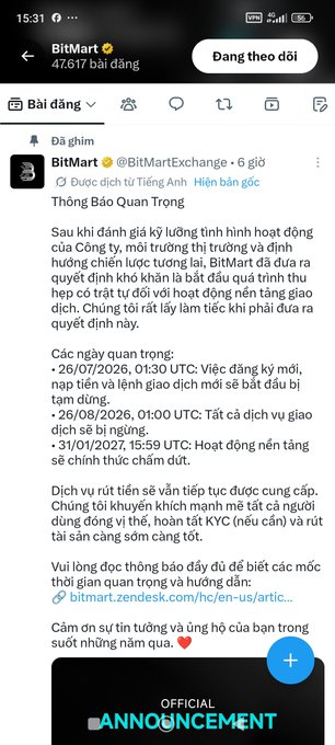 A Vietnamese BitMart exchange announcement on X explaining the suspension of services for Vietnamese users, with key dates for transitions, market closures, and service shutdowns.