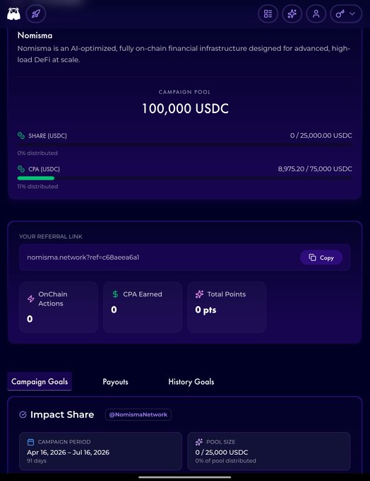 A mobile dashboard for the 'Nomisma' campaign shows a 100,000 USDC pool, a referral link, and zero on-chain actions.
