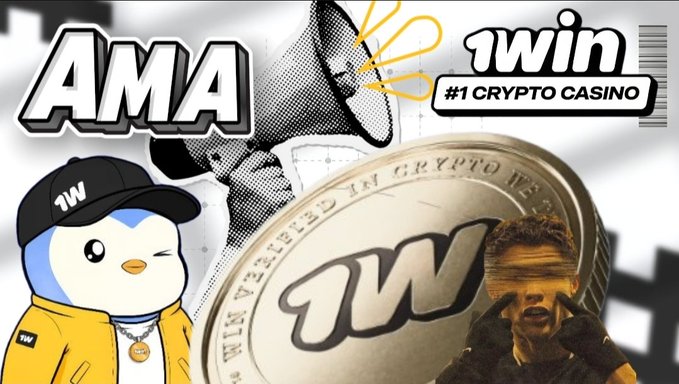 Promotional graphic for '1win #1 Crypto Casino' featuring a penguin mascot in branded apparel, a gold 1win coin, and a man with 'AMA' text.
