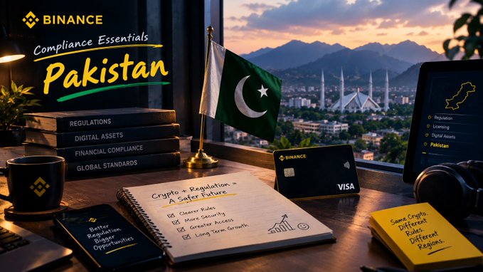 A promotional image titled 'Binance Compliance Essentials Pakistan' featuring a Pakistani flag, a laptop displaying 'BINANCE VISA' and 'Digital Assets,' books labeled 'REGULATIONS' and 'DIGITAL ASSETS,' and a notebook listing 'Crypto + Regulation = A Safer Future' with checkboxes.