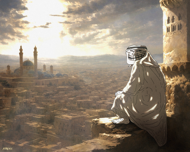 A troll figure wearing a keffiyeh and the "Trollface" mask sits contemplatively on a rooftop overlooking a Middle Eastern cityscape at sunset. The image cleverly merges the meme culture of $TROLL cryptocurrency with imagery evoking the "trollish" energy of desert traders and the ambitious 100m market cap target mentioned in the post.