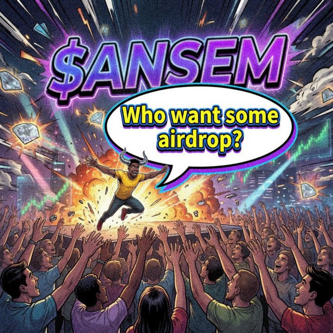 A vibrant, comic-style meme featuring '$ANSEM' with a speech bubble saying 'Who want some airdrop?' as a horned character leaps above a cheering crowd.