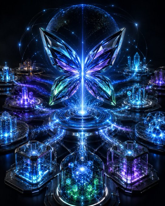 A digital artwork showing a large, glowing blue and purple crystalline butterfly structure surrounded by futuristic city elements and a central beam of light in a dark space.