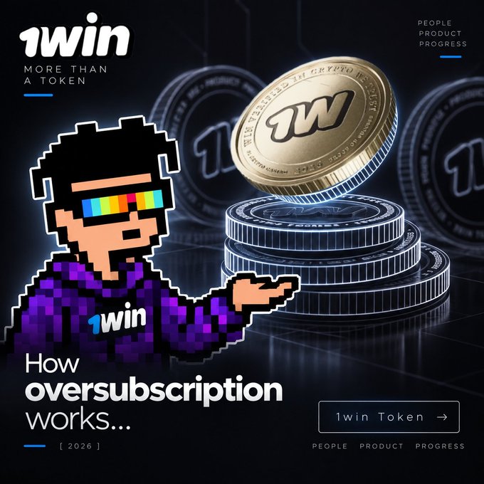 A promotional graphic for '1win Token' featuring a pixel-art character with rainbow sunglasses and the text 'How oversubscription works...' alongside gold and silver crypto coins.
