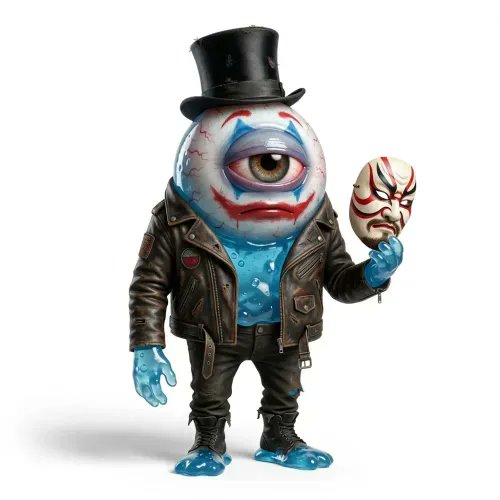 The image features a unique statue of a person with an eye, dressed as a clown or a madman wearing a top hat and holding a mask over their head. The statue has been sold for 0.1 ETH (Ethereum) on an online marketplace.