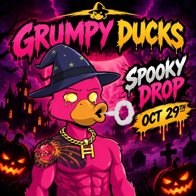 A vibrant Halloween-themed promotional graphic for 'Grumpy Ducks Spooky Drop' features a muscular pink duck wearing a witch hat and a gold chain with an 'H' pendant, dated October 29th.