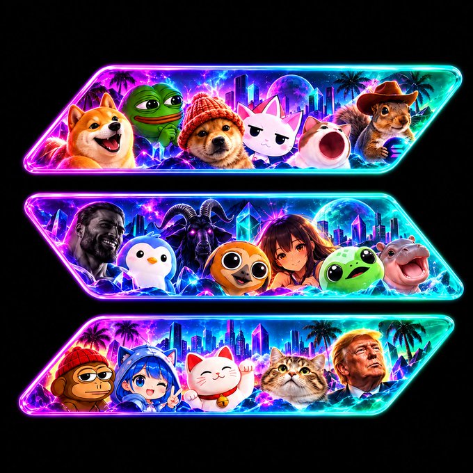 A digital collage featuring three rows of various internet meme characters (including Pepe, Shiba Inu, an anime cat, etc.) set against neon cyberpunk cityscapes with pink and blue lighting.
