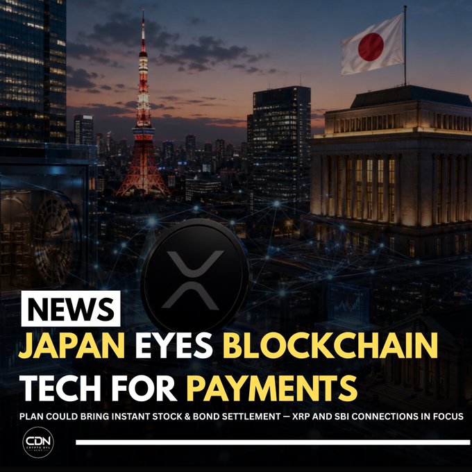 A news graphic from CDN shows the Tokyo skyline at dusk, featuring Tokyo Tower and a government building flying the Japanese flag, overlaid with the headline "JAPAN EYES BLOCKCHAIN TECH FOR PAYMENTS" and subtext noting that the plan could bring instant stock and bond settlement, with $XRP and SBI connections highlighted—directly tying Japan's evolving financial infrastructure to XRP's blockchain payment utility.