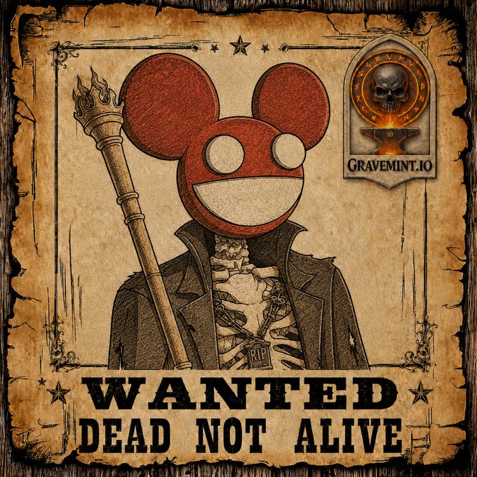 The image features a poster with a skeleton wearing a red mask, holding a stick or cane, and smiling. The poster also includes text that reads "Wanted Dead Not Alive" and "GRAVEMINI.IO". This suggests that someone has posted this image on social media platforms to promote an event or cause related to the skeleton's appearance.