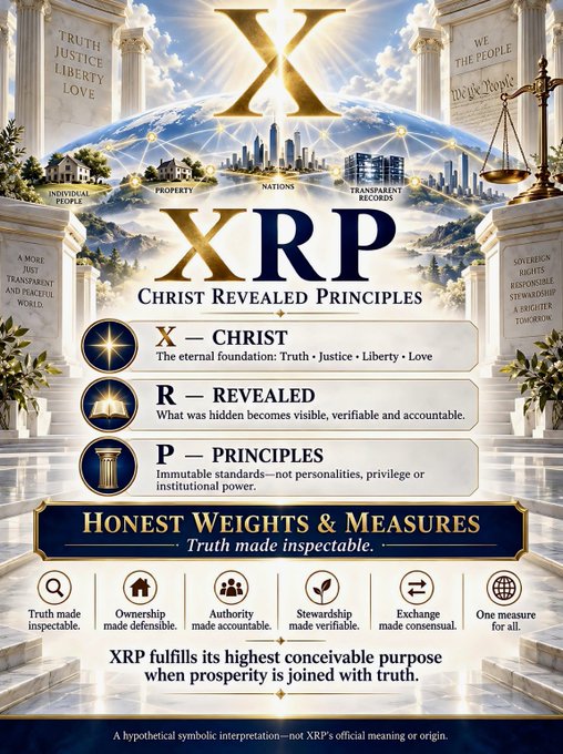 An infographic explaining 'XRP - CHRIST REVEALED PRINCIPLES' with definitions for X (Christ), R (Revealed), and P (Principles), featuring themes of Truth, Justice, Liberty, and Love.
