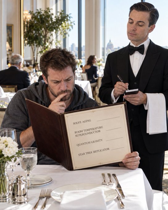 A man at a fancy restaurant looks puzzled while reading a menu listing impossible physics-based items like 'SOLVE AGING' and 'QUANTUM GRAVITY,' as a waiter stands by taking notes.