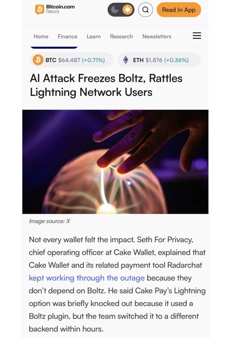 A Bitcoin.com News article screenshot titled 'AI Attack Freezes Boltz, Rattles Lightning Network Users' with BTC at $64,487 (+0.71%) and ETH at $1,876 (+0.36%), featuring an image of a hand touching a plasma globe.