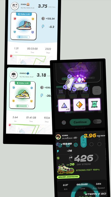 Screenshots of the STEPN move-to-earn fitness app showing sneakers like KIABA8 and KIABA2 with their stats, prices, and energy levels displayed on the interface.